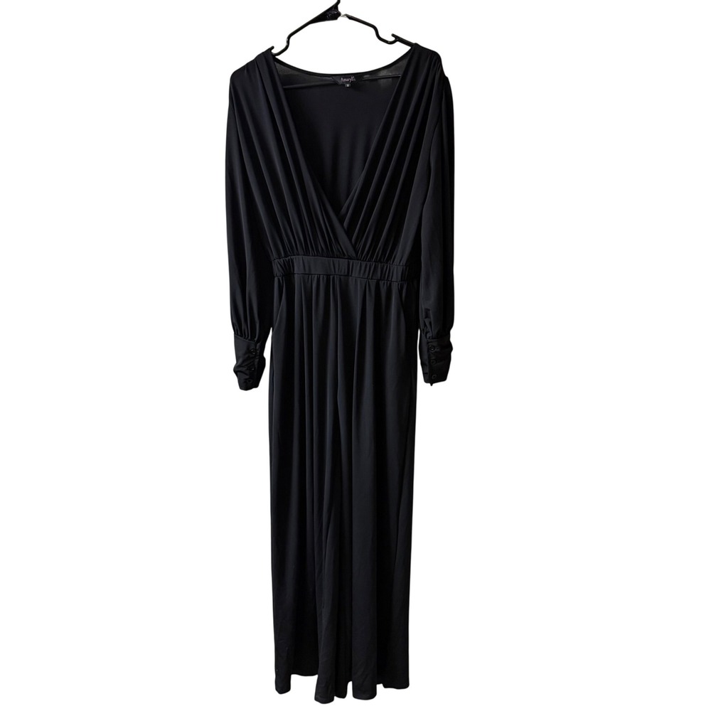 Amaryllis Black V Neck Long Sleeve Ruched Waist Jumpsuit Womens‎ Medium